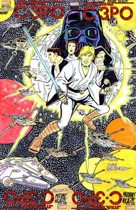 DF Marvel Comics Commissioned Cover Art Four Piece Blank Variant Connecting Set Signed and Remarked by Mariano Nicieza and Joe Delbeato with a Classic Star Wars #1 Homage Sketch - Cover