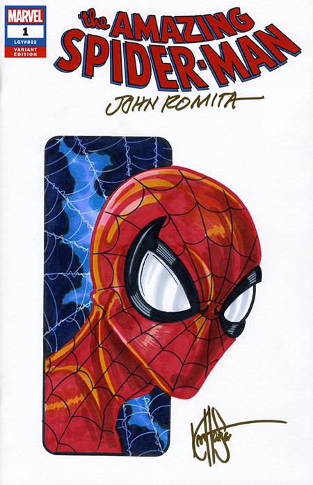 DF AMAZING SPIDERMAN #1 BLANK VARIANT SIGNED BY JOHN ROMITA SR AND REMARKED BY KEN HAESER WITH A SPIDERMAN SKETCH — Cover