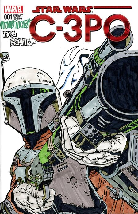 DF MARVEL COMICS STAR WARS COMMISSIONED COVER ART SIGNED AND REMARKED BY MARIANO NICIEZA AND JOE DELBEATO WITH A MANDALORIAN SKETCH — Cover