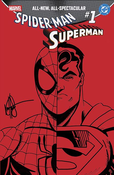 DF MARVEL/DC SPIDERMAN/SUPERMAN #1 RED BLANK VARIANT SIGNED AND REMARKED BY KEN HAESER WITH A SPIDERMAN/SUPERMAN SKETCH — Cover